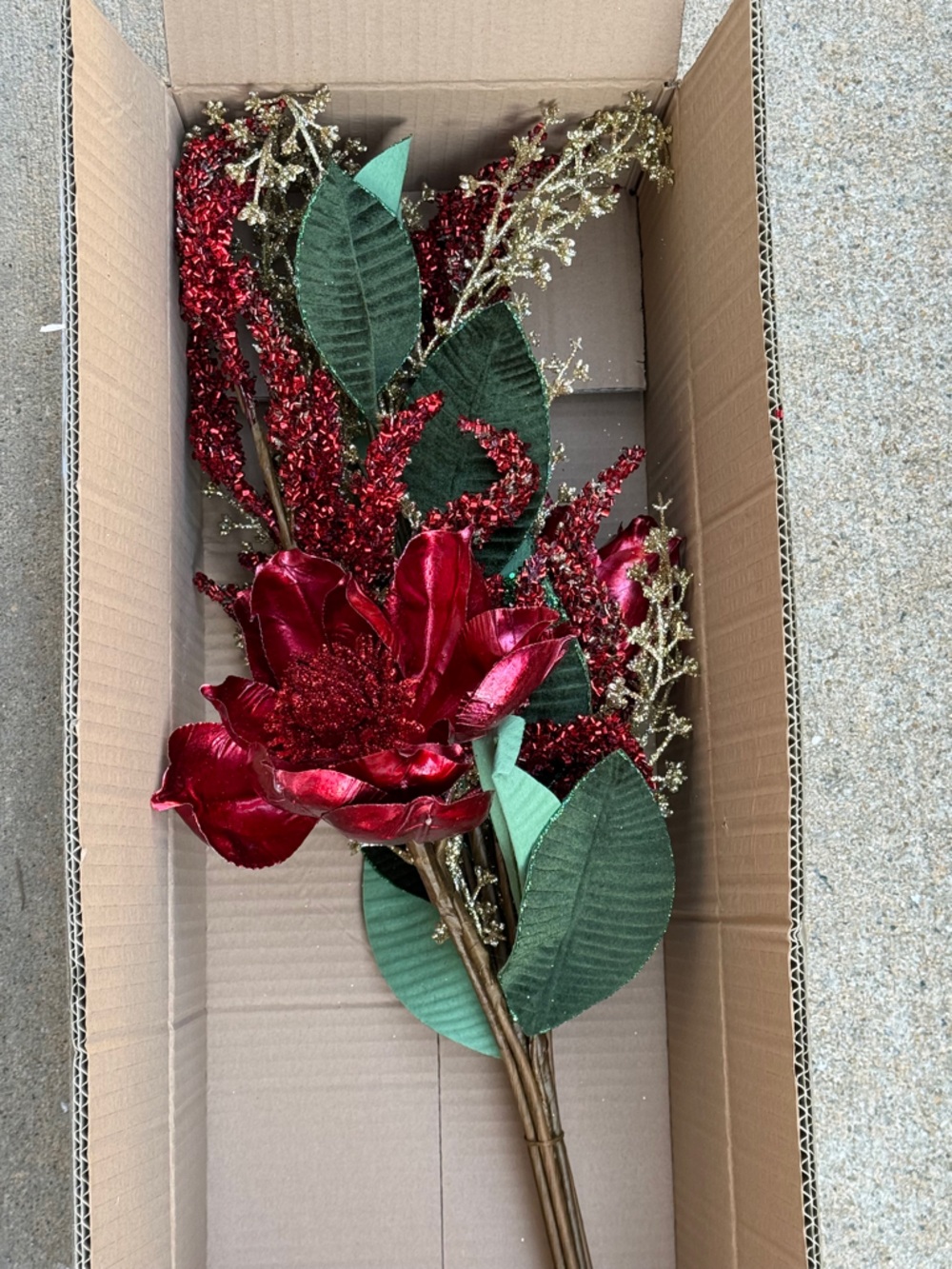 Red and Gold Holiday Floral Spray - Decorative Stem